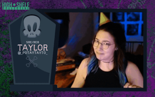 A Woman Wearing Glasses And A Party Hat With The Name Taylor On It GIF