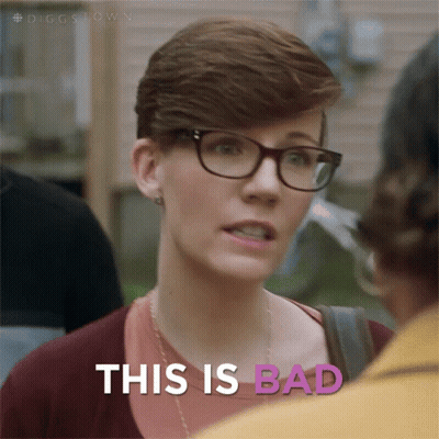 A Woman Wearing Glasses And A Red Shirt Says This Is Bad GIF