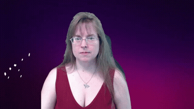 A Woman Wearing Glasses And A Red Tank Top Has A Butterfly Necklace GIF
