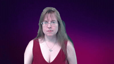 A Woman Wearing Glasses And A Red Tank Top With A Butterfly Necklace GIF