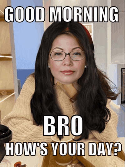 A Woman Wearing Glasses And A Sweater Says " Good Morning Bro How 'S Your Day ? " GIF