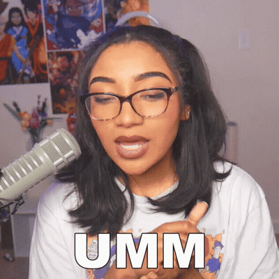 A Woman Wearing Glasses And A White Shirt That Says Umm GIF