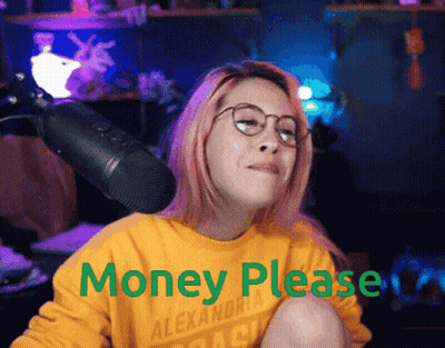A Woman Wearing Glasses And A Yellow Shirt That Says Money Please On It GIF