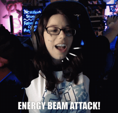 A Woman Wearing Glasses And Headphones With The Words Energy Beam Attack Below Her GIF