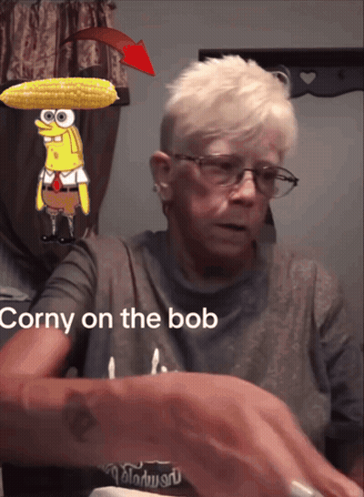 A Woman Wearing Glasses Has A Picture Of Spongebob On Her Head And The Caption Corny On The Bob GIF