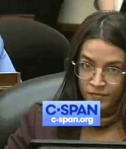 A Woman Wearing Glasses Has A Sign On Her Face That Says C-Span GIF