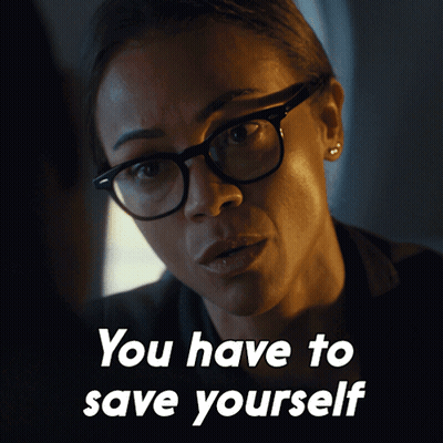 A Woman Wearing Glasses Has The Words You Have To Save Yourself Above Her GIF