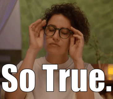 A Woman Wearing Glasses Holds Her Hands To Her Forehead In Front Of A Sign That Says " So True " GIF