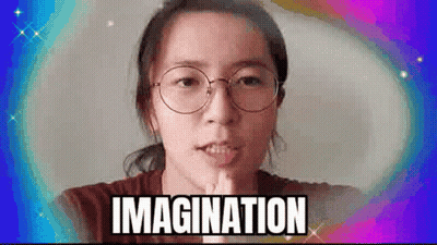 A Woman Wearing Glasses Is Making A Funny Face And The Words Imagination Are Above Her . GIF
