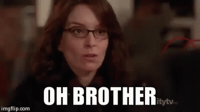 A Woman Wearing Glasses Is Saying `` Oh Brother '' In A Crowded Room . GIF