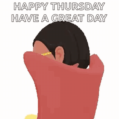A Woman Wearing Glasses Is Sitting In A Chair And Says Happy Thursday Have A Great Day GIF