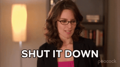 A Woman Wearing Glasses Says Shut It Down In A Peacock Ad GIF