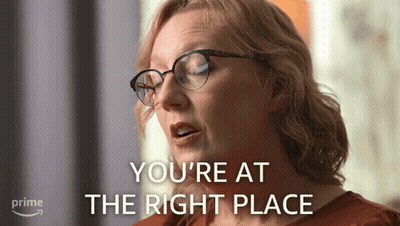 A Woman Wearing Glasses With The Words You 'Re At The Right Place Above Her GIF