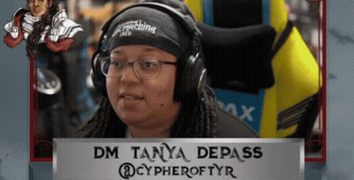 A Woman Wearing Headphones And A Headband With The Name Dm Tanya Depass Written On It GIF