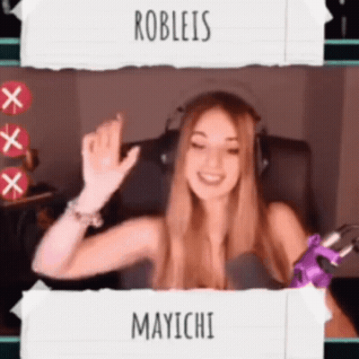 A Woman Wearing Headphones And A Purple Glove With Robleis And Mayichi Written On The Bottom GIF