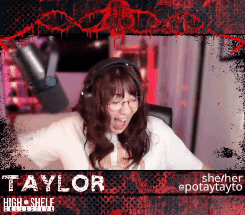 A Woman Wearing Headphones And A Shirt That Says Taylor GIF