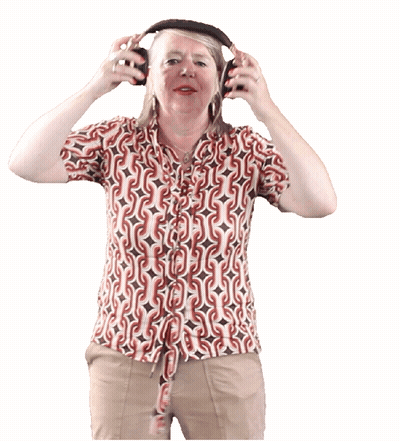 A Woman Wearing Headphones And A Shirt With A Pattern That Says ' A ' On It GIF