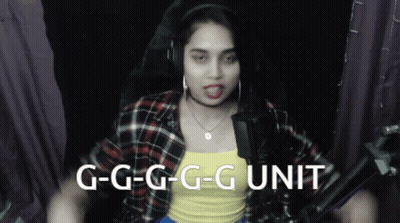 A Woman Wearing Headphones And A Yellow Tank Top Says " G-G-G-G-G Unit " GIF