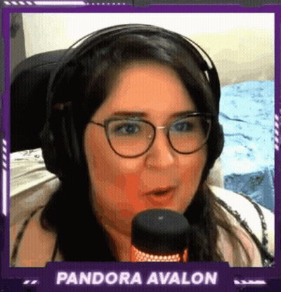 A Woman Wearing Headphones And Glasses Is Talking Into A Microphone With The Name Pandora Avalon Above Her GIF