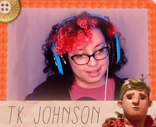 A Woman Wearing Headphones Holds A Sign That Says " Tk Johnson " GIF