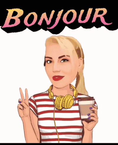 A Woman Wearing Headphones Is Holding A Cup Of Coffee And Giving A Peace Sign In Front Of The Word Bonjour GIF