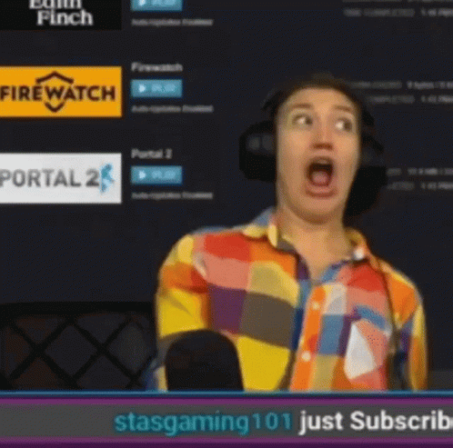 A Woman Wearing Headphones Is Making A Funny Face In Front Of A Screen That Says Stasgaming 101 Just Subscribe GIF