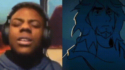 A Woman Wearing Headphones Is Next To A Drawing Of A Lion 'S Face . GIF