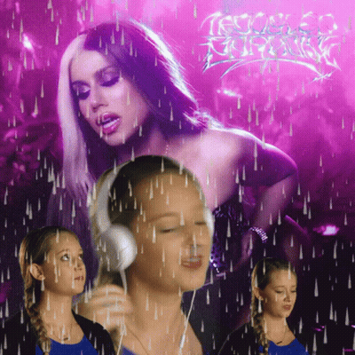 A Woman Wearing Headphones Is Singing In Front Of A Purple Background GIF