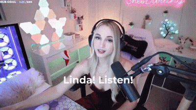 A Woman Wearing Headphones Is Sitting In Front Of A Microphone With The Words Linda Listen Behind Her GIF