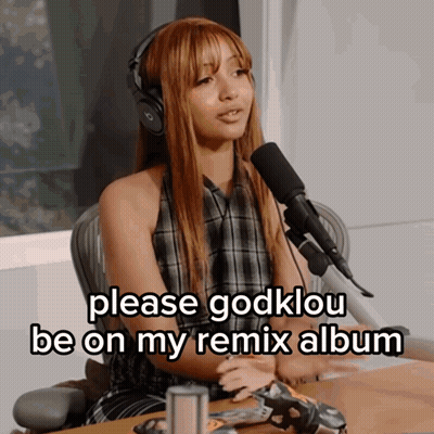 A Woman Wearing Headphones Is Sitting In Front Of A Microphone With The Words Please Godklou Be On My Remix Album Below  GIF