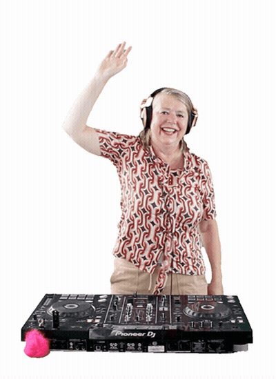 A Woman Wearing Headphones Is Standing In Front Of A Pioneer Dj Mixer GIF