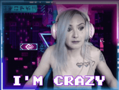 A Woman Wearing Headphones Says " I 'M Crazy " In Purple Letters GIF