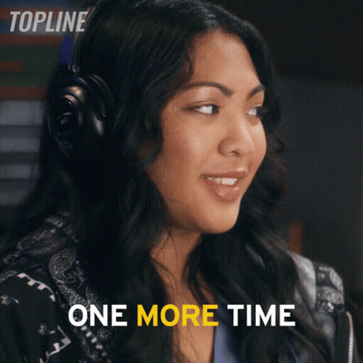 A Woman Wearing Headphones Says " One More Time " In Yellow GIF