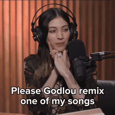 A Woman Wearing Headphones Says Please Godlou Remix One Of My Songs In Front Of A Microphone GIF