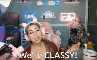 A Woman Wearing Headphones Says We 'Re Classy In Front Of A Live Sign GIF