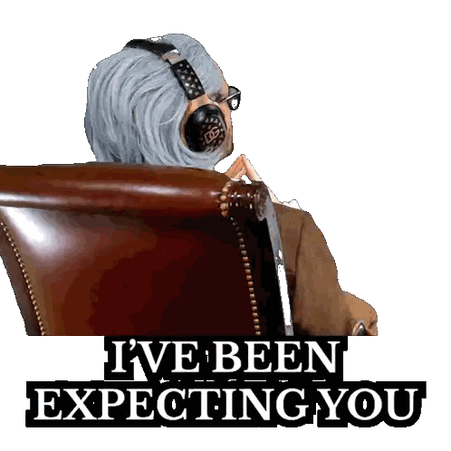 A Woman Wearing Headphones Sits In A Chair With The Words " I 'Ve Been Expecting You " Above Her Sticker