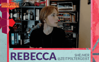 a woman wearing headphones stands in front of a bookshelf and a sign that says rebecca