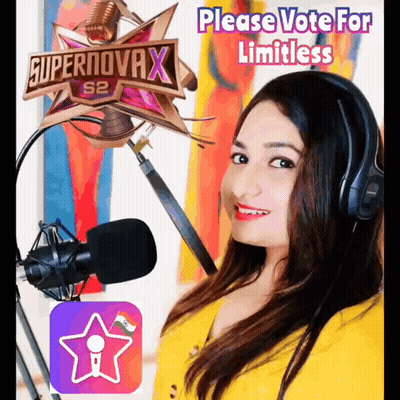 A Woman Wearing Headphones Stands In Front Of A Microphone With A Sign That Says Supernovax S2 GIF