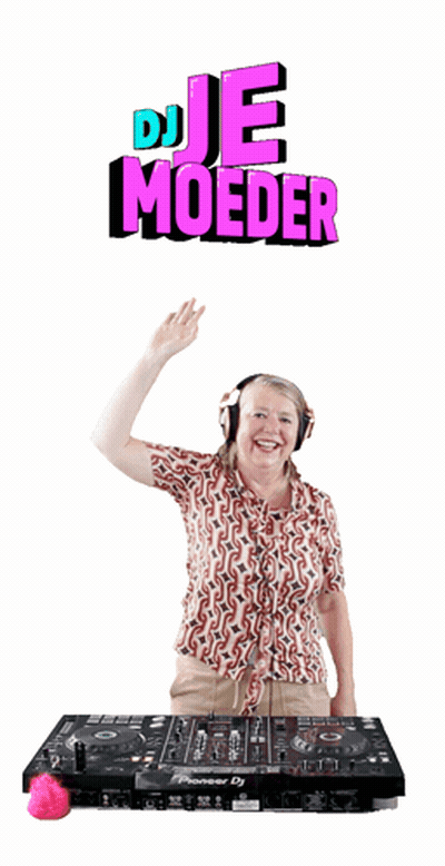 A Woman Wearing Headphones Stands Next To A Pioneer Dj Mixer GIF