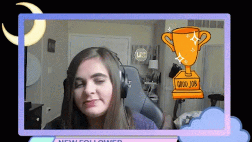 A Woman Wearing Headphones With A Trophy That Says Good Job On It GIF