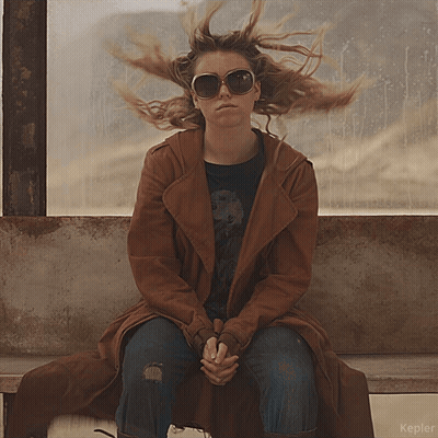 A Woman Wearing Sunglasses And A Brown Coat Sits On A Bench In Front Of A Window That Says Kepler On It GIF