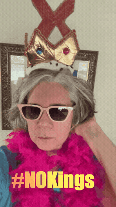 A Woman Wearing Sunglasses And A Crown With The Hashtag #Nokings On The Bottom GIF