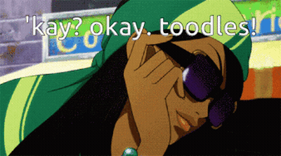 A Woman Wearing Sunglasses And A Green Head Scarf Says Kay Okay Toodles ! GIF