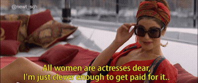 A Woman Wearing Sunglasses And A Head Scarf Says All Women Are Actresses Dear GIF