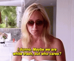 A Woman Wearing Sunglasses Is Saying I Dunno Maybe We Are White Trash But Who Cares GIF