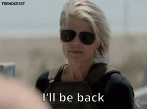 A Woman Wearing Sunglasses Says I 'Ll Be Back . GIF