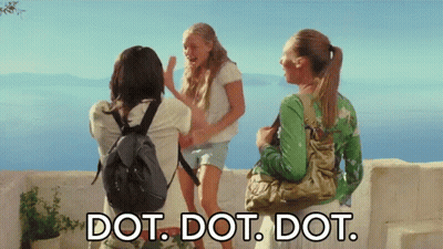 A Woman With A Backpack Is Standing Next To Two Other Women With The Words Dot Dot Dot Written Below Them GIF