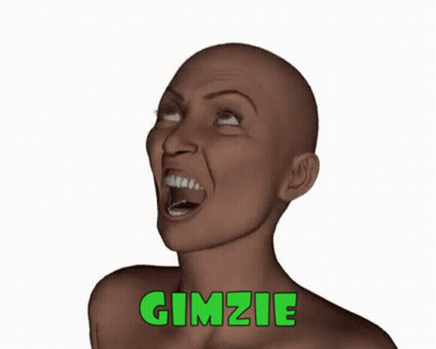 A Woman With A Bald Head Is Screaming With The Word Gimzie In Green Letters Behind Her GIF