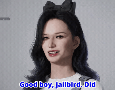 A Woman With A Black Bow On Her Head Says " Good Boy Jailbird " GIF
