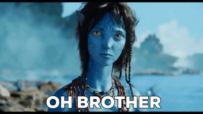 A Woman With A Blue Face And Yellow Eyes Is Standing In Front Of A Body Of Water And Says `` Oh Brother '' . GIF
